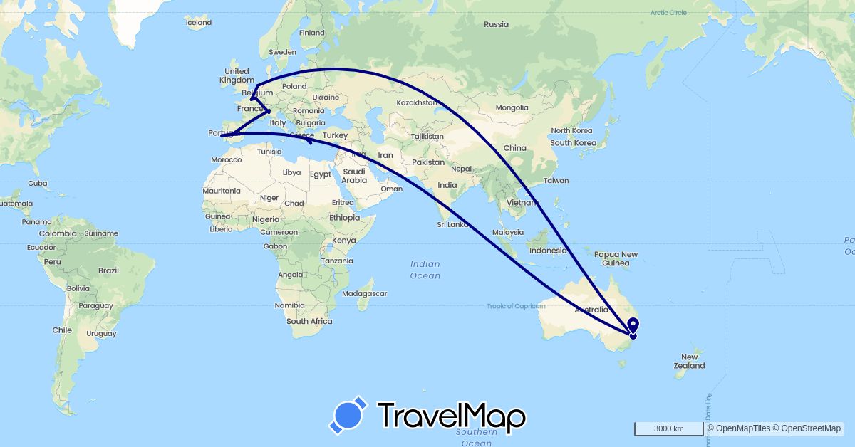 TravelMap itinerary: driving in Australia, Spain, France, Greece, Italy, Netherlands, Portugal (Europe, Oceania)